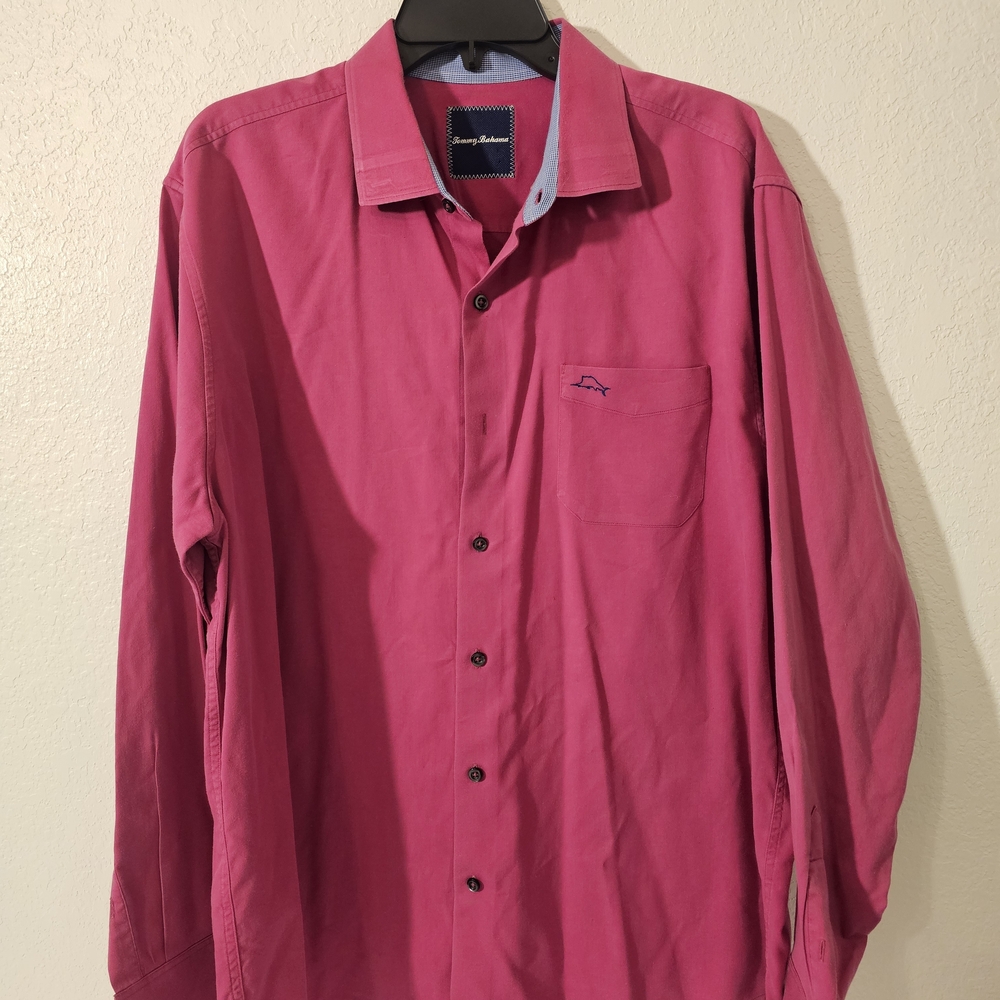 Tommy Bahama Pink Woven Button-Up Shirt Long Sleeve Cotton Silk L Men